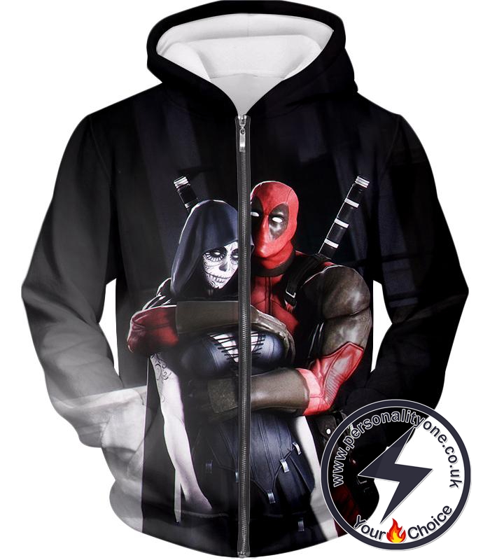 Marvel Universe Deadpool and Death Awesome HD Black Zip Up Hoodie